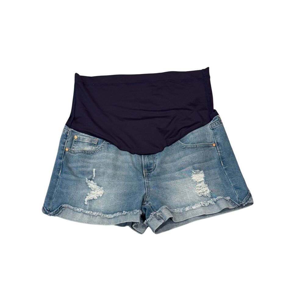 Pink Blush Maternity Med Wash Distressed Stretch Denim Shorts Belly Band Size 29